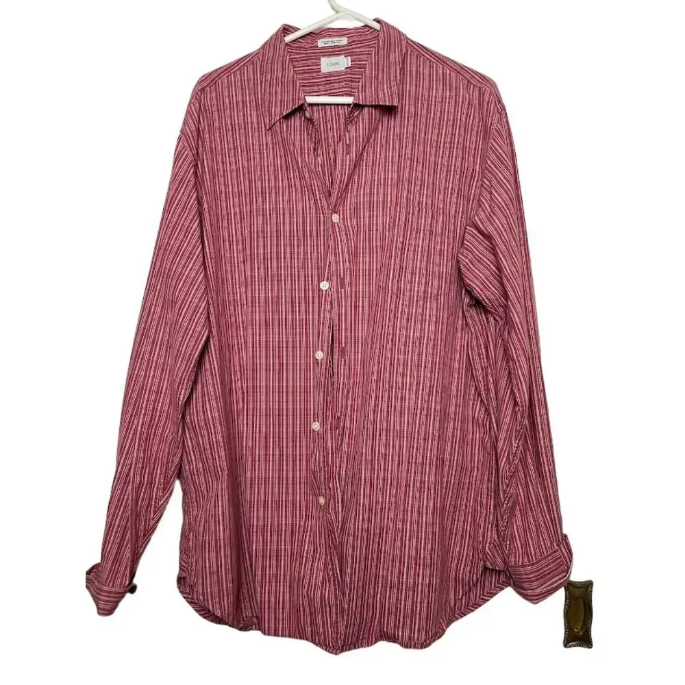 J Crew Mens Button Up Burgundy Size XL Striped Long Sleeve Dress Shirt 18 Collar